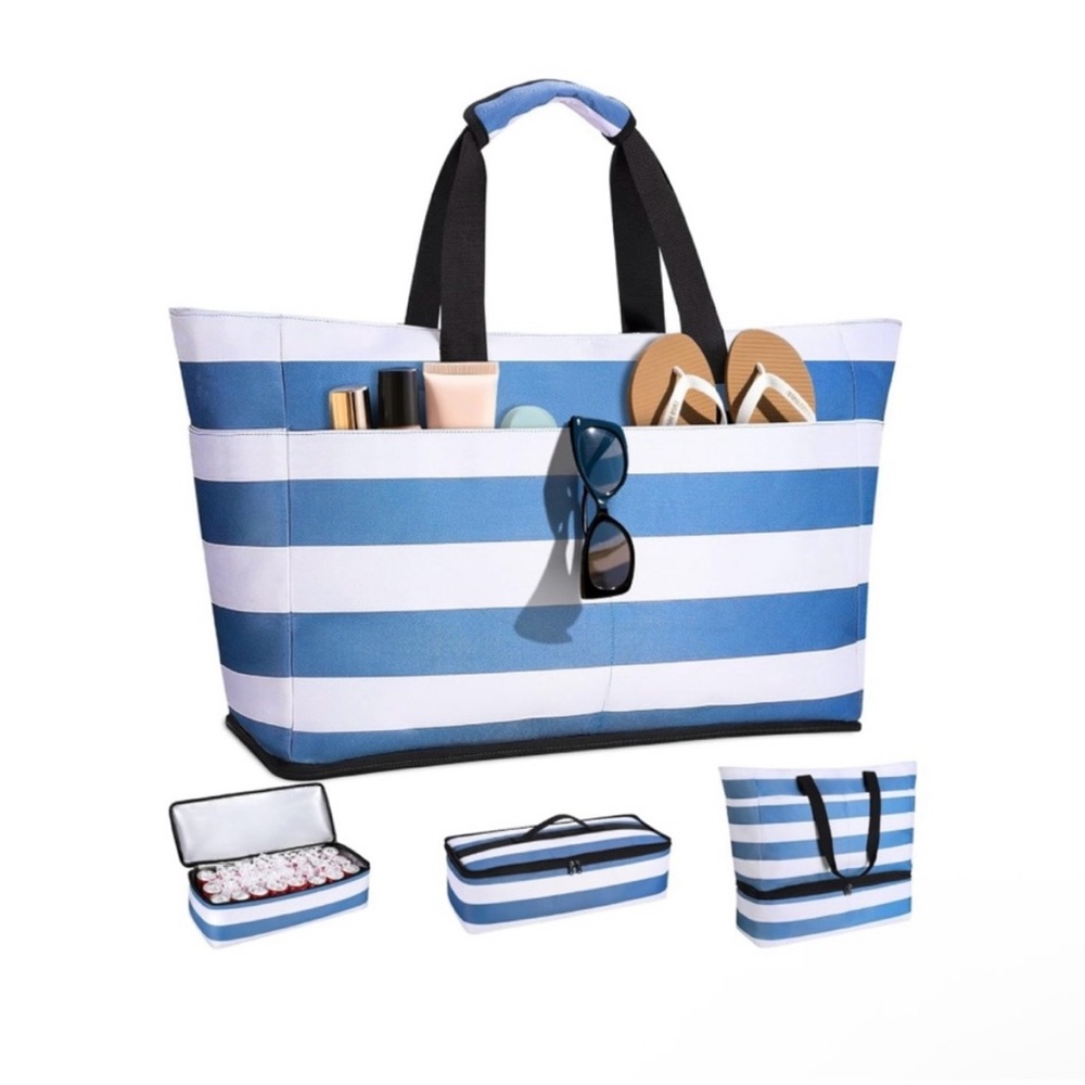 Striped Blue & White Beach Bag with Detachable Cooler NWOT
